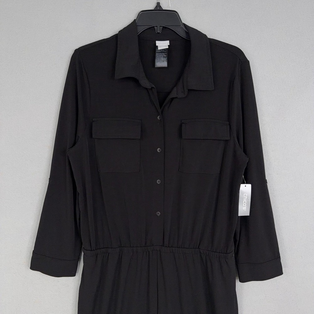 Chicos Travelers Jumpsuit Womens 2 Petite Black Easy Chick Utility Pockets NWT - Picture 2 of 15